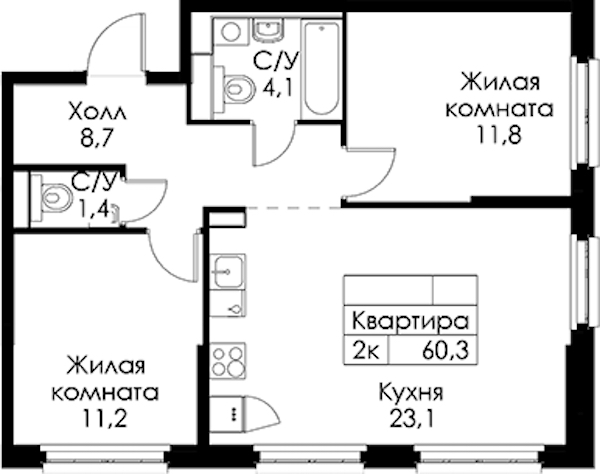2-комнатная квартира 60.3 м², 1/13 эт., ЖК «Кантемировская 11»
